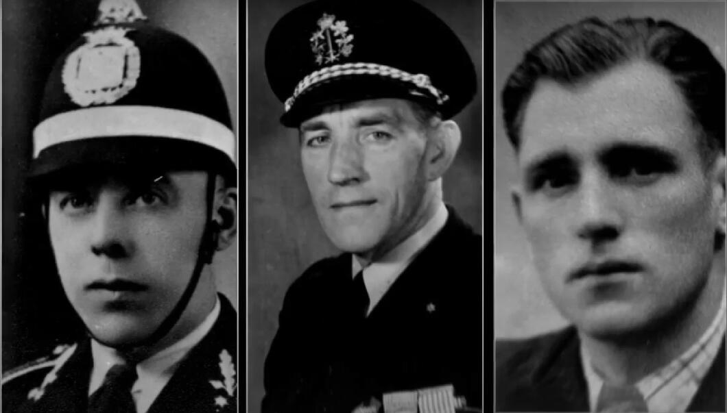 Portretten van drie mannen, waarvan twee in politieuniform.
