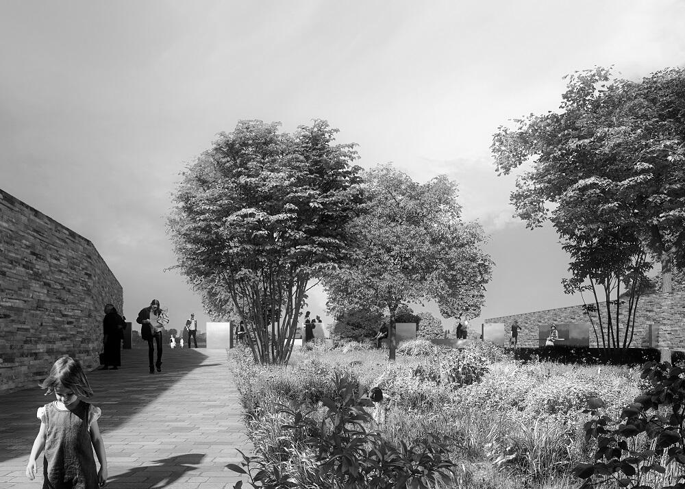 Illustratie met muren, wandelaars en groen