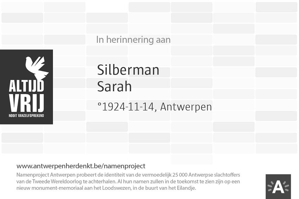 Digitale pancarte met de naam, geboortedatum en geboorteplaats van Sarah Silberman