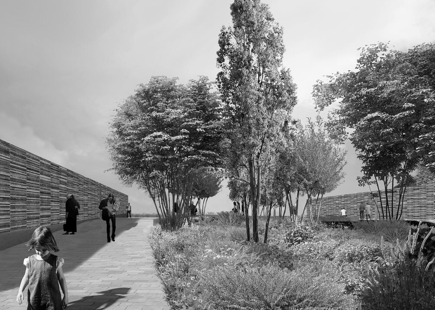 Illustratie met muren, wandelaars en groen