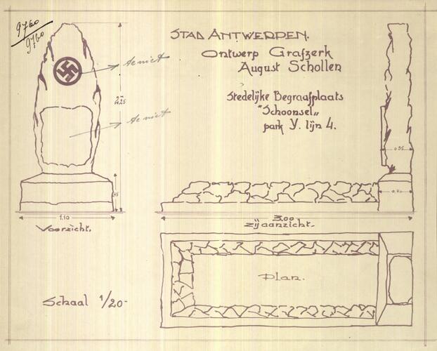Tekening van grafmonument met nazistische symbolen
