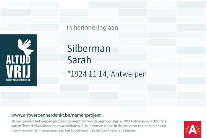 Digitale pancarte met de naam, geboortedatum en geboorteplaats van Sarah Silberman