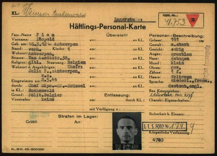 Document op naam van Leopold Flam met als titel 'Häftlings-Personal-Karte'