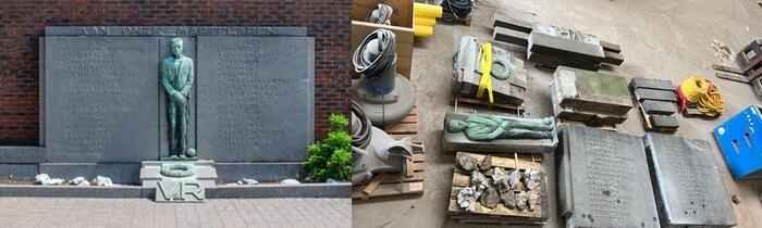 Links een opgebouwd monument, rechts een ontmanteld monument