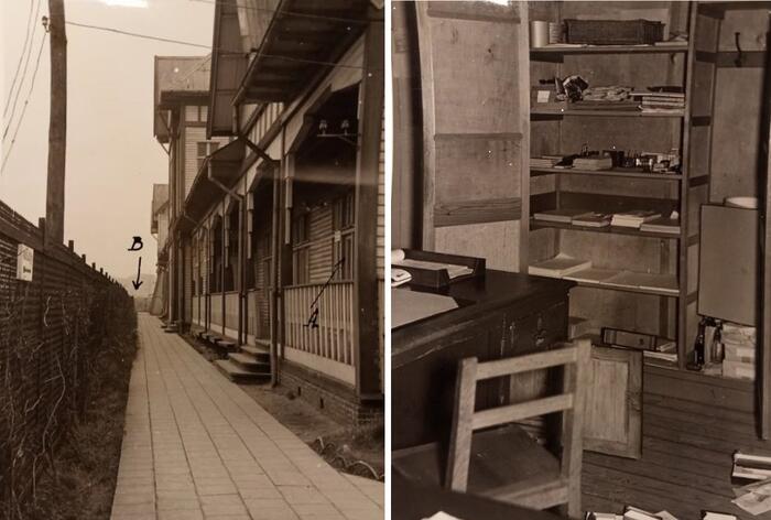 Links een pad en gevel, rechts een kast in een overhoop gehaalde ruimye