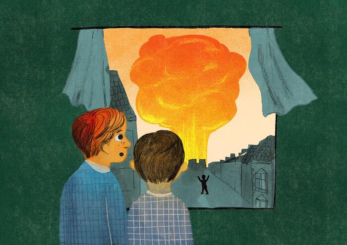 Schilderij van 2 figuren die kijken door een raam