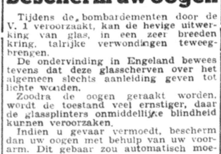 Krantenartikel met aanwijzingen om de ogen te beschermen bij een inslag.