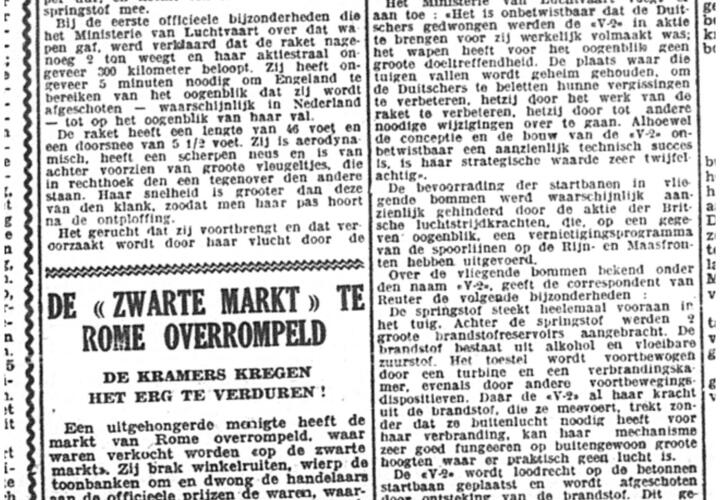 Krantenartikel met als kop 'Enkel bijzonderheden over de V2'