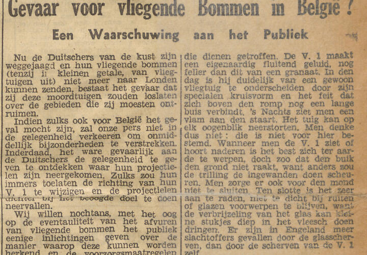 Artikel met als kop 'Gevaar voor vliegende bommen in België?'