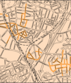 Een kaart waarop de straten aangeduid zijn waar de derde Razzia gebeurt