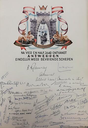 Hulde waarop aangekondigd wordt dat de haven van Antwerpen heropend is